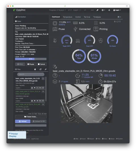 OctoPrint-Dashboard mit Kamera-Livebild des Druckers und Druckfortschrittsanzeige