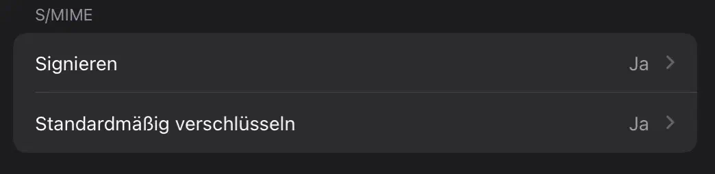 S/MIME-Einstellungen auf dem iPad: Signieren und Verschlüsseln aktiviert