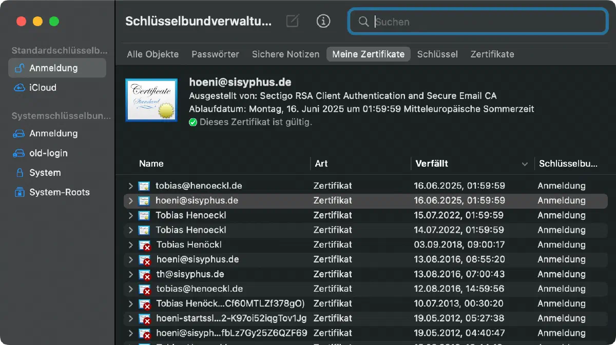 S/MIME-Zertifikate in der macOS Schlüsselbundverwaltung