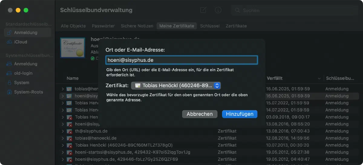 Neue Identitätseinstellung für S/MIME-Zertifikat in der Schlüsselbundverwaltung