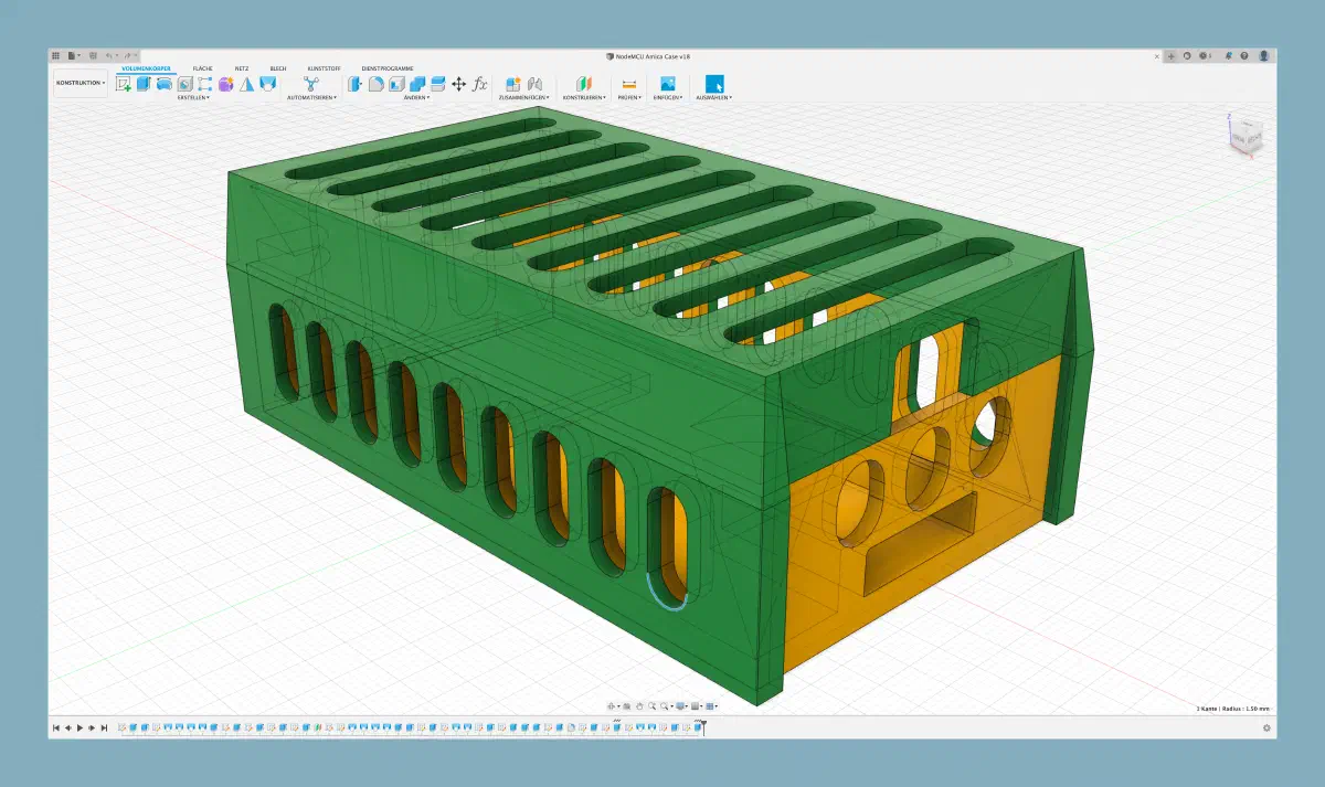 Gehäuse für die NodeMCU und den Temperatursensor in Autodesk Fusion 360