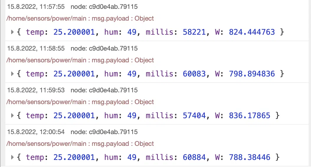 Node Red-Ausgabe eintreffender MQTT-Daten.