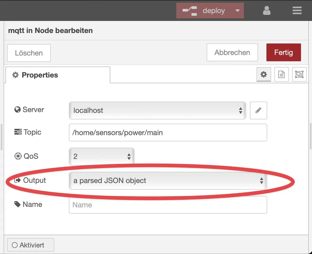 Konfiguration des MQTT-In Knotens in Node Red.