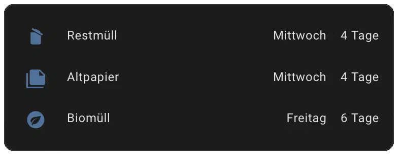 Lovelace-Karte mit Abfuhrterminen für Restmüll, Altpapier und Biomüll